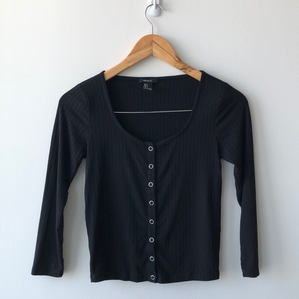 3 Quarter Length Black Button Up Scoop Neck Top